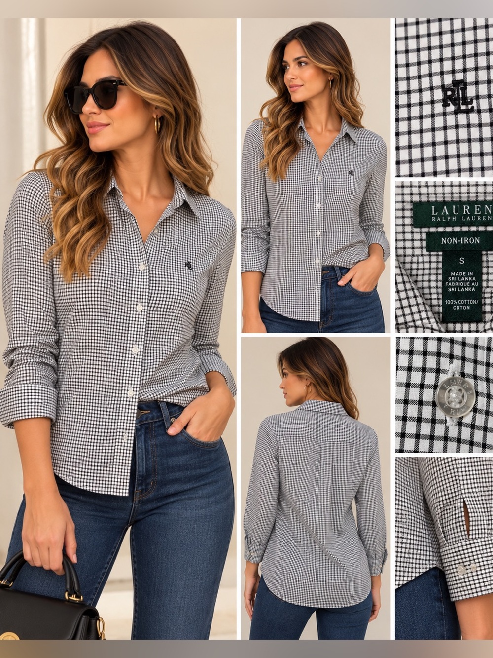 Lauren Ralph Lauren Non-Iron Black White Check Button Down Shirt Size S